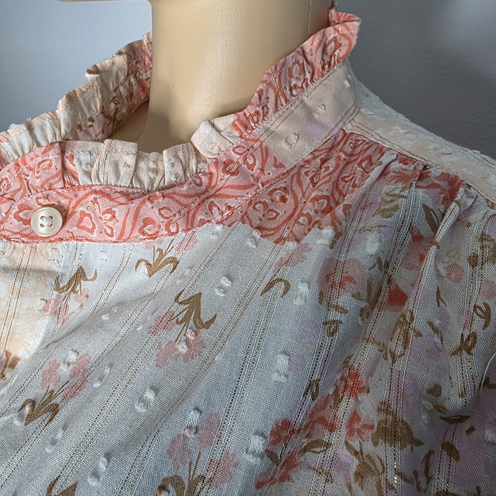 Style & Co. Patchwork Ruffle-Neck Blouse in Coral & Cream Size US/M - Picture 10 of 13